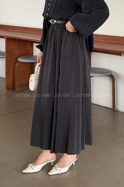 Lamelif Cep Detaylı Tensel Kloş Etek Koyu Füme