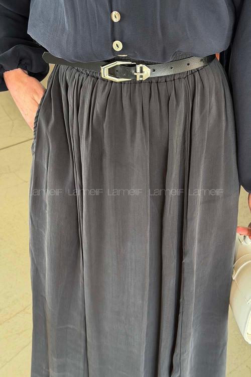 Lamelif Cep Detaylı Tensel Kloş Etek Koyu Füme