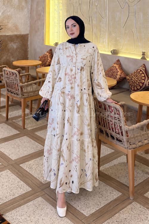 Cream Mandarin Collar Viscose Fabric Dresess