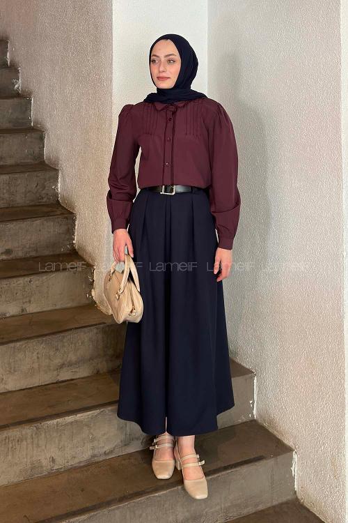 Lamelif Dantel Dikişli Gömlek Mürdüm