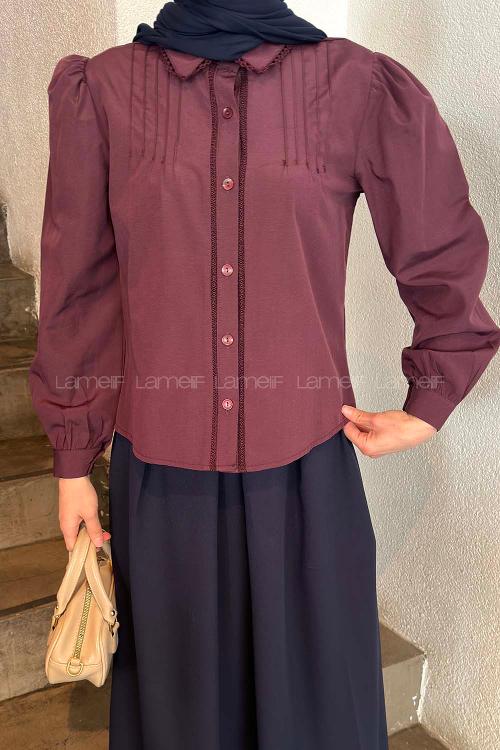 Lamelif Dantel Dikişli Gömlek Mürdüm