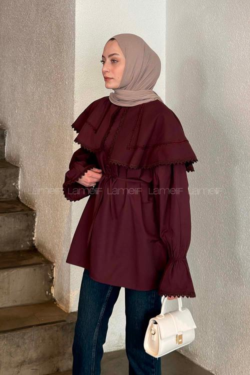 Lamelif Dantel Yaka Gömlek Mürdüm