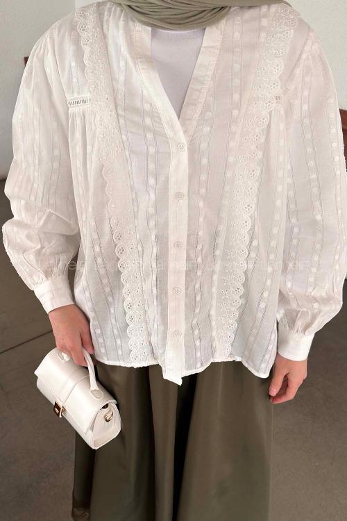 Lamelif Fistolu Gömlek Ekru