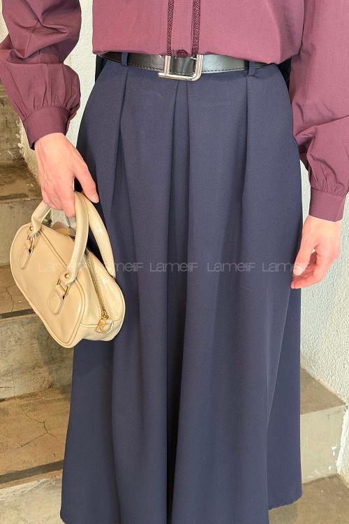 Lamelif Kemerli Tesettür Etek Lacivert