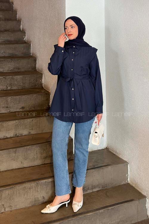 Navy Blue Shirt Collar Long Arm Cotton Shirt