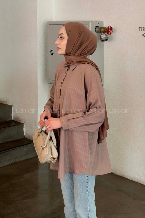 Lamelif Sırt Robalı Çizgi Detaylı Tunik Kahve
