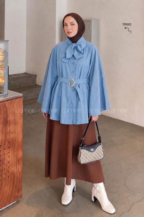 Lamelif Fiyonk Yakalı Bağlamalı Panço Bebe Mavisi