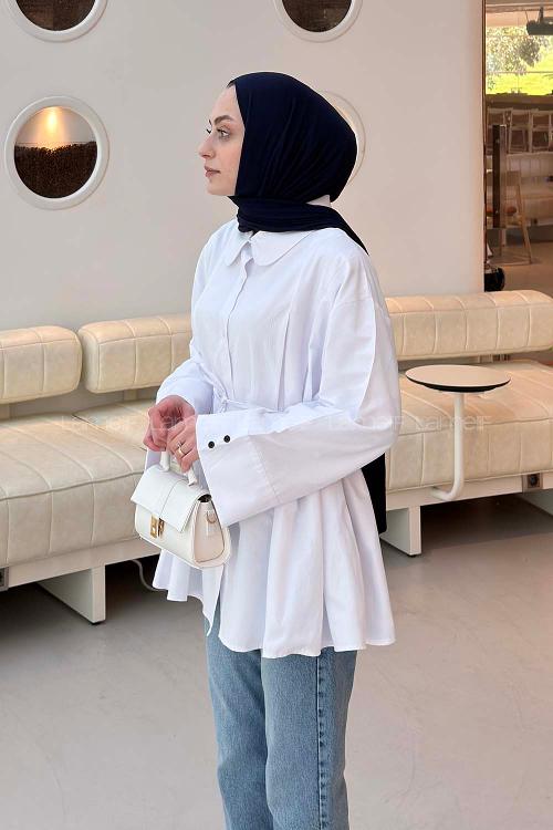 Lamelif Bağlama Detaylı Takma Manşet Gömlek Beyaz