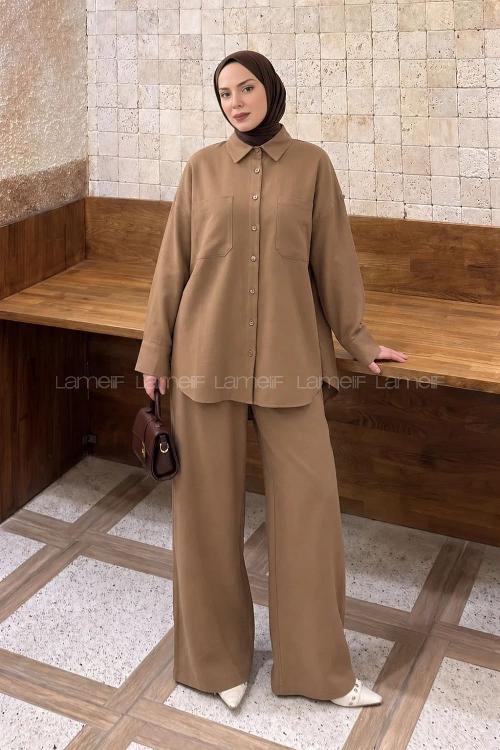 Lamelif Cepli Modal Pantolonlu Takım Taba