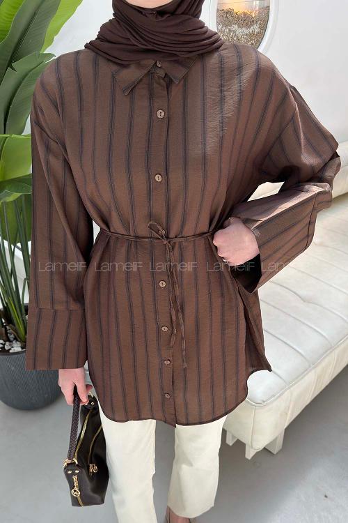 Lamelif Çizgili Bağlamalı Gömlek Acı Kahve