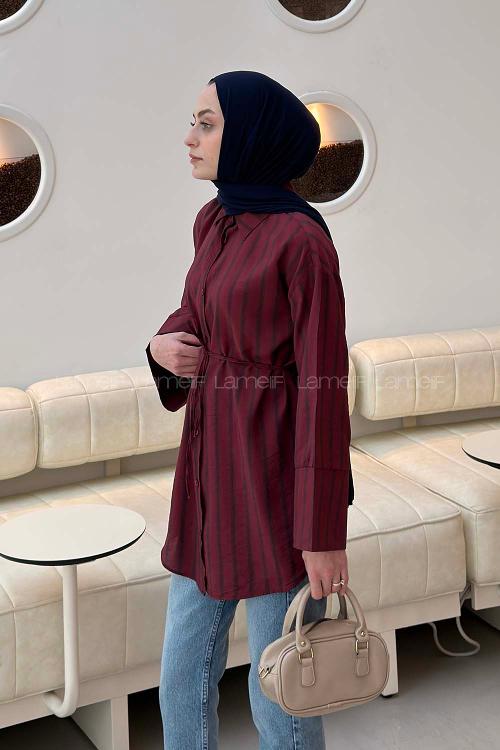 Lamelif Çizgili Bağlamalı Gömlek Bordo