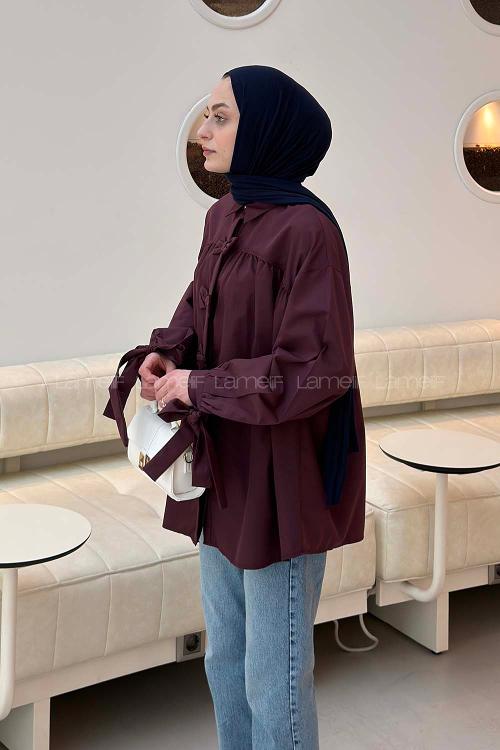 Lamelif Fiyonk Detaylı Ön Kapama Gömlek Mürdüm