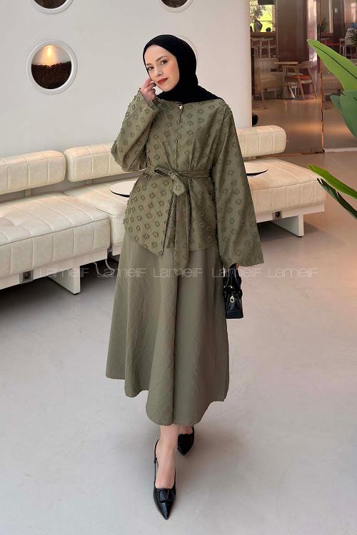 Lamelif Kabartma Nakış İşlemeli Takım Haki