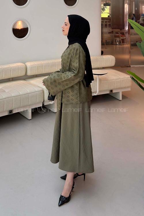 Lamelif Kabartma Nakış İşlemeli Takım Haki