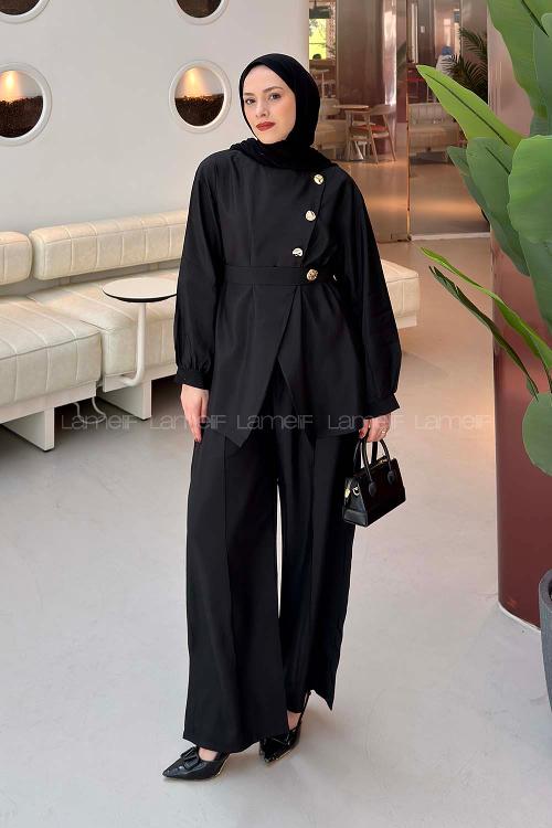 Black Crew Neck Long Arm Cupra Regular Trousers Material Suit