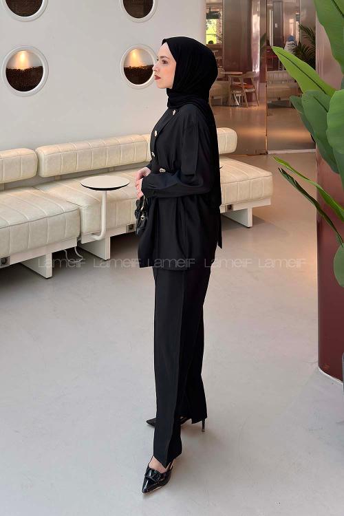 Black Crew Neck Long Arm Cupra Regular Trousers Material Suit