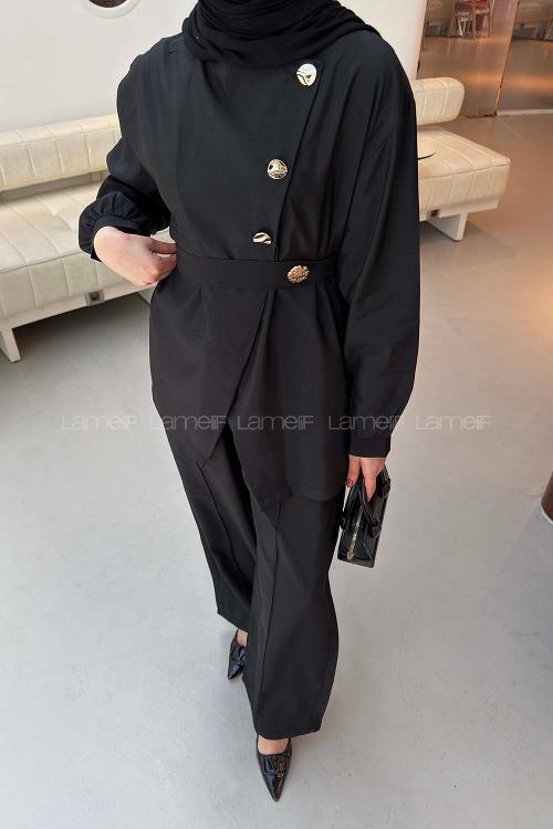 Black Crew Neck Long Arm Cupra Regular Trousers Material Suit