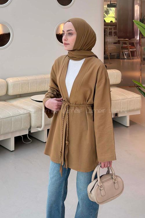 Lamelif Örgü Bağlamalı Kimono Ceket Camel