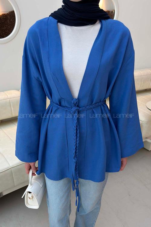 Lamelif Örgü Bağlamalı Kimono Ceket Saks Mavisi