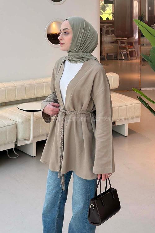 Lamelif Örgü Bağlamalı Kimono Ceket Vizonrengi