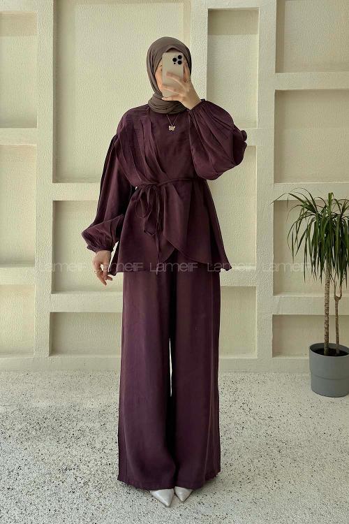 Lamelif Asimetrik Bağlama Detaylı Pantolonlu Takım Mürdüm