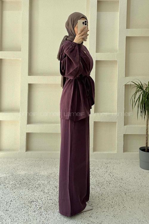 Lamelif Asimetrik Bağlama Detaylı Pantolonlu Takım Mürdüm