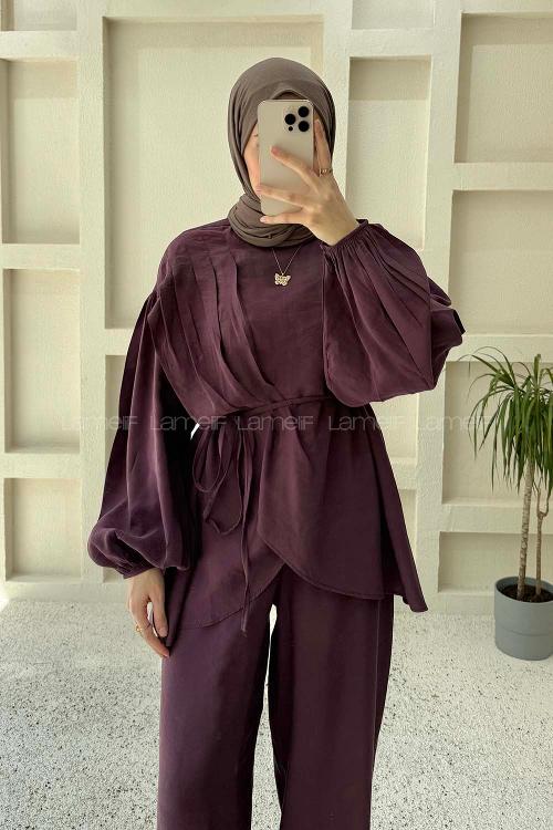 Lamelif Asimetrik Bağlama Detaylı Pantolonlu Takım Mürdüm