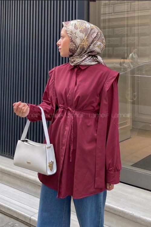 Lamelif Bel Bağlamalı Omuz Vatkalı Gömlek Bordo