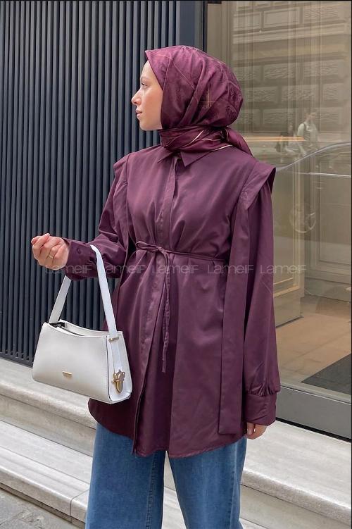 Lamelif Bel Bağlamalı Omuz Vatkalı Gömlek Mürdüm