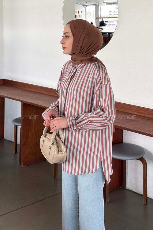 Lamelif Çizgi Detaylı Tensel Gömlek Gül Rengi