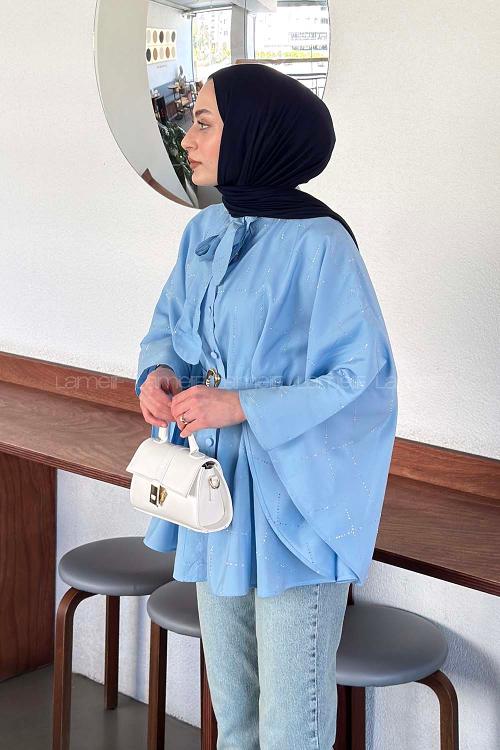 Lamelif Fiyonk Yakalı Bağlamalı Panço Bebe Mavisi