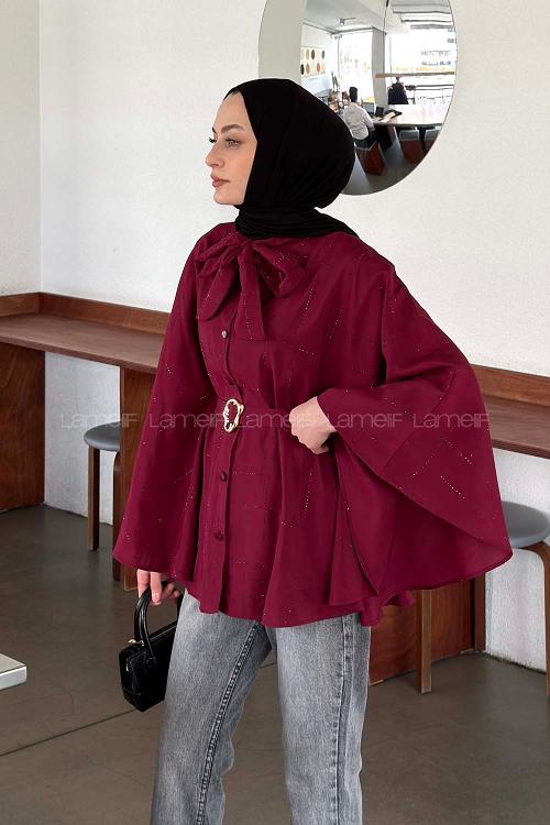 Lamelif Fiyonk Yakalı Bağlamalı Panço Bordo