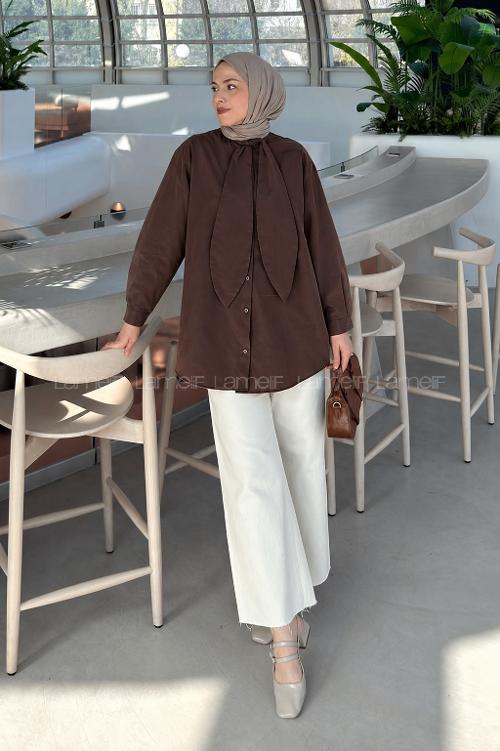 Lamelif Fular Detaylı Gömlek Acı Kahve