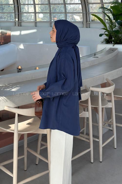 Navy Blue Foulard Neck Long Arm Cotton Shirt