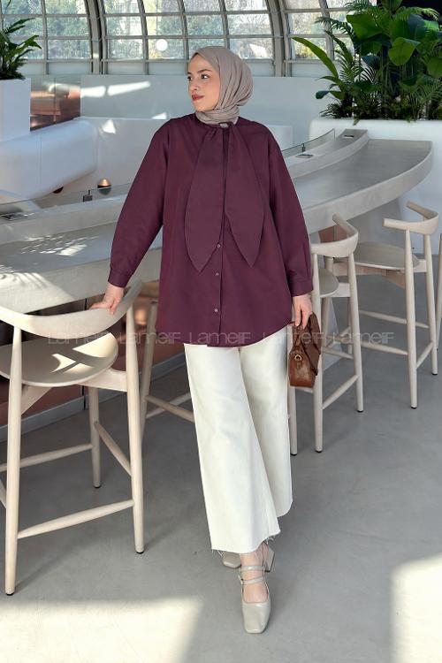 Lamelif Fular Detaylı Gömlek Mürdüm