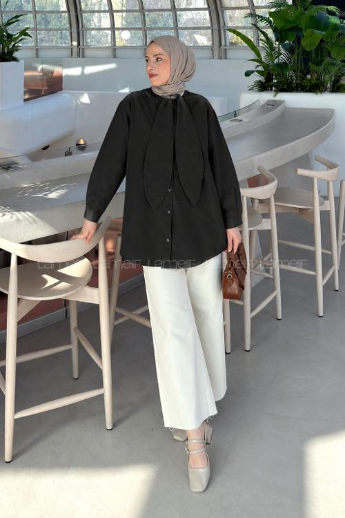 Black Foulard Neck Long Arm Cotton Shirt