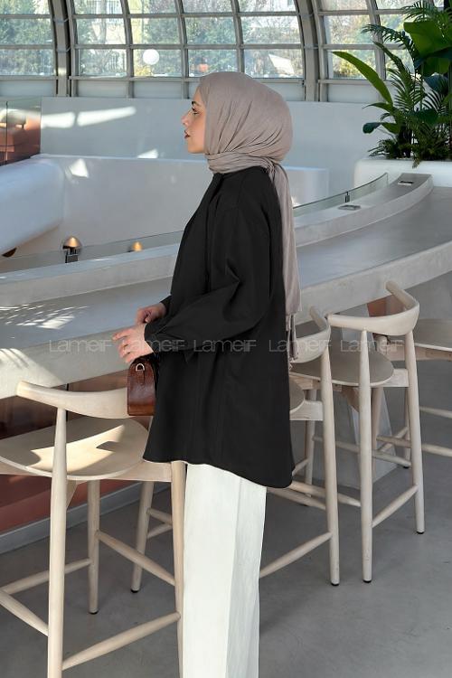 Black Foulard Neck Long Arm Cotton Shirt