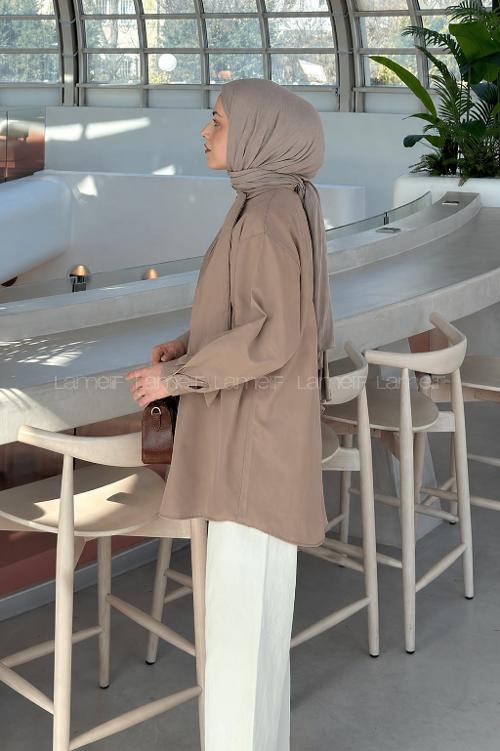 Lamelif Fular Detaylı Gömlek Soft Kahve