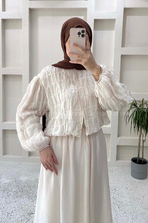 Lamelif Gofre Dokulu Ceket-Etek Takım Krem
