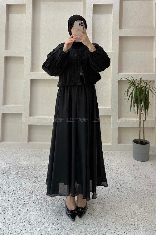 Lamelif Gofre Dokulu Ceket-Etek Takım Siyah
