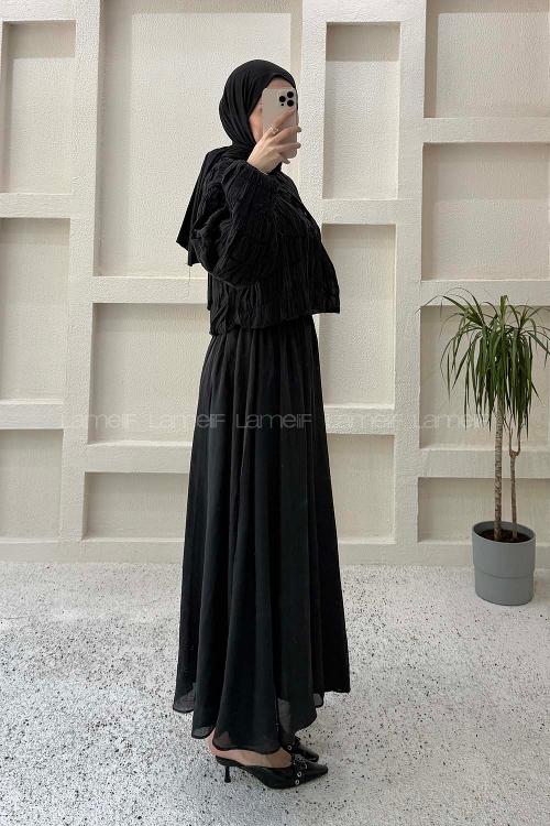 Lamelif Gofre Dokulu Ceket-Etek Takım Siyah