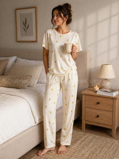Lamelif Kadın Milan Kumaş Ananas Baskı Pijama Takımı