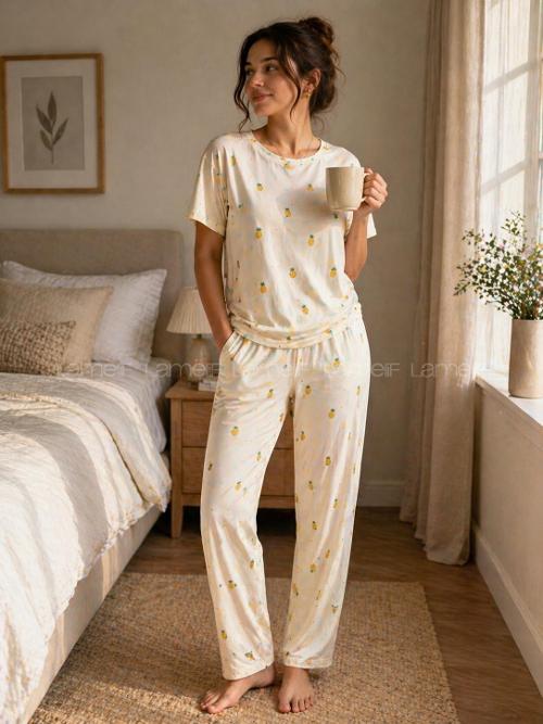 Lamelif Kadın Milan Kumaş Ananas Baskı Pijama Takımı