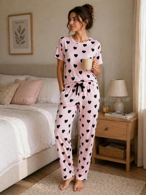 Lamelif Kadın Milan Kumaş Kalp Baskı Pijama Takımı