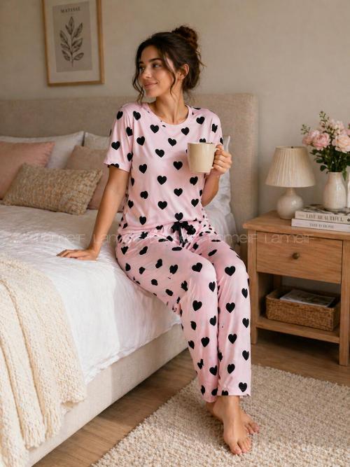 Lamelif Kadın Milan Kumaş Kalp Baskı Pijama Takımı