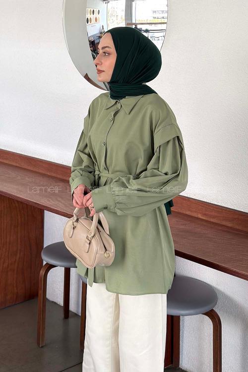 Plum Green Shirt Collar Long Arm Crepe Fabric Unprinted Shirt