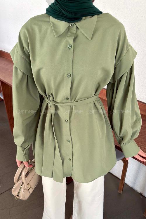 Plum Green Shirt Collar Long Arm Crepe Fabric Unprinted Shirt