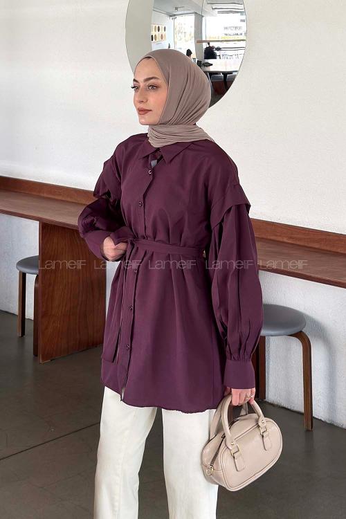Plum Shirt Collar Long Arm Crepe Fabric Unprinted Shirt