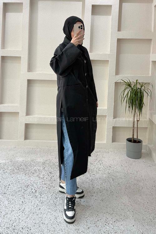 Lamelif Şal Yaka Trençkot Siyah