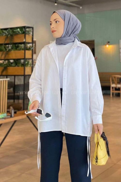 Lamelif Yanları İp Büzgülü Oversize Gömlek Beyaz